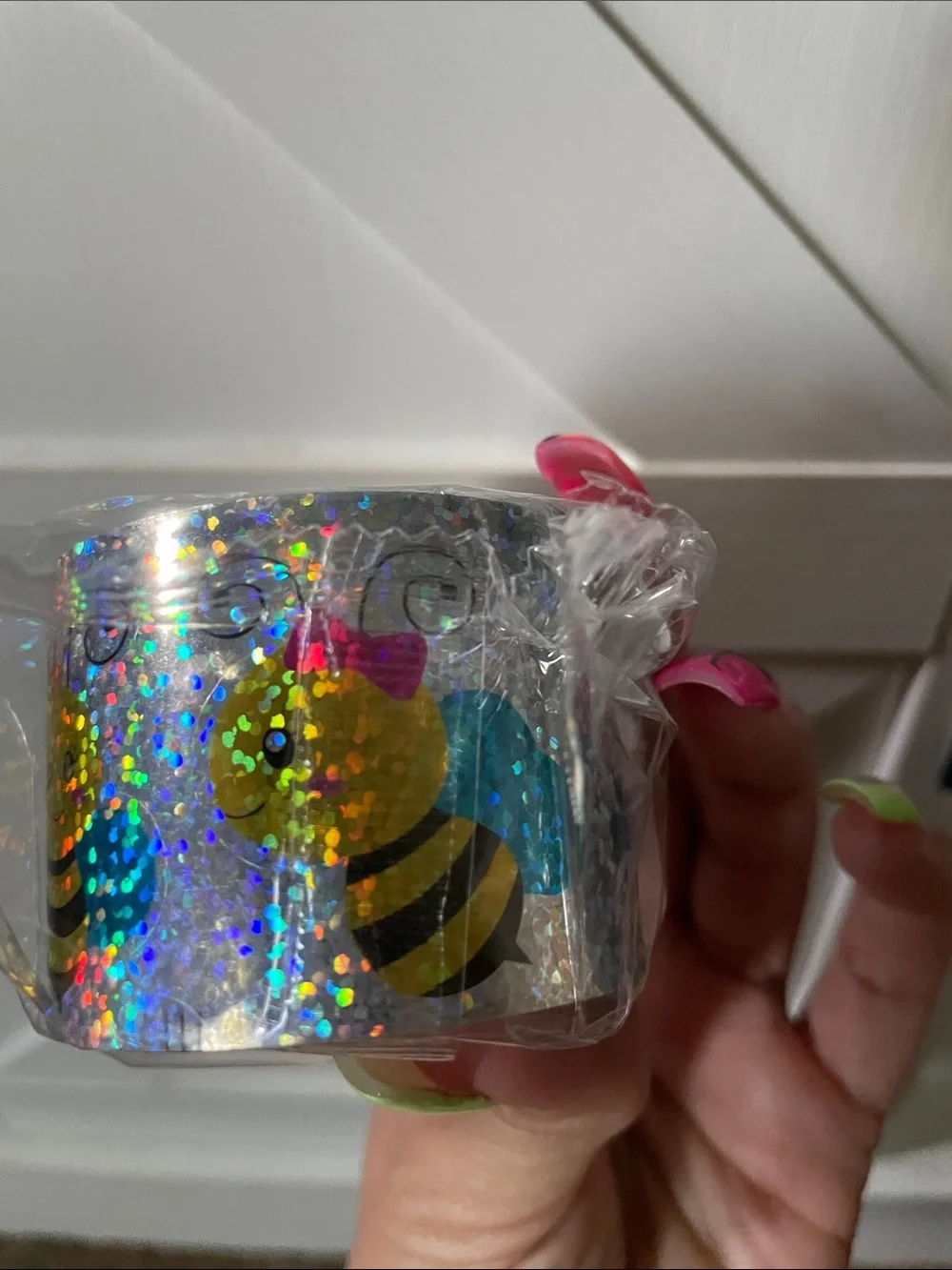 Holographic Bee Sticker Roll - Silver with Yellow & Teal Bees
